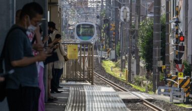 Waiting for a train in Nogata, Tokyo.