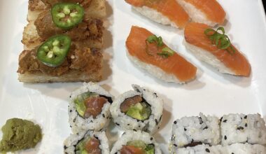 Crispy rice with spicy tuna, then assorted salmon fresh caught from Alaska and house cured ikura from the roe