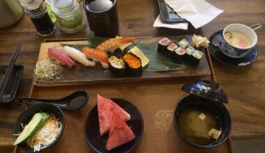 Sushi, Miso Soup, Chawanmushi, Watermelons and Salad