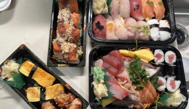 A take-out sushi sampler while at the hotel