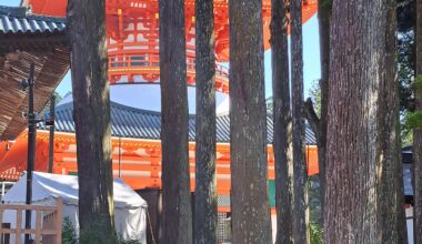 The great Kangobu-ji temple behind monster Japanese red cedars. Koyasan