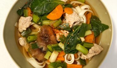 Udon with pork tenderloin, spinach, green onion, shiitake, carrot and ichimi togarashi (homemade)