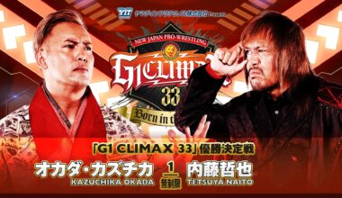 G1 Finals card set; ft. a preview tag for an upcoming NJPWWorld TV title match