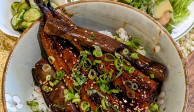 Unagi and eggplant-don, plus sunomono and salad