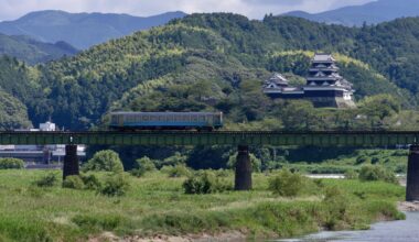 Ozu Castle and a local train, Ehime