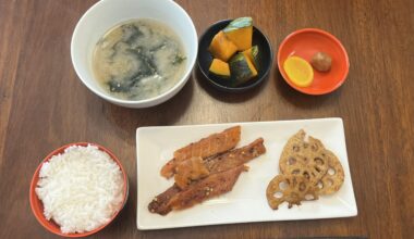 Stir fried lotus root, simmered kabocha, miso soup, rice, and candied salmon. With pickles of course!