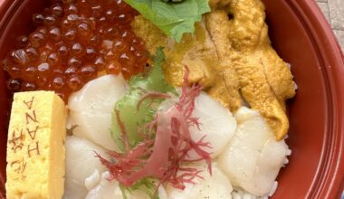 Donburi bowl: Ikura, Uni and scallop - all fresh shipped from Japan. Location: Toronto