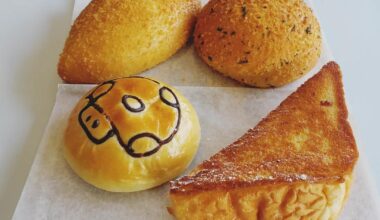 Baked confections from Okayama Kobo DTLA - curry pan, chocolate custard bun and French toast