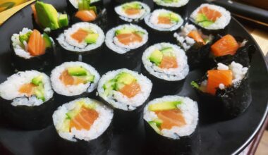 First time making salmon, cucumber and avocado rolls.