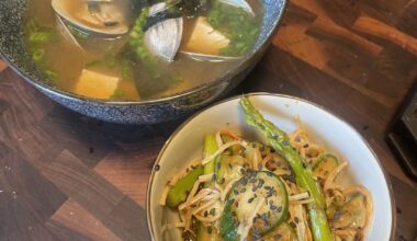 Spicy cucumber salad and clam miso soup (homemade)