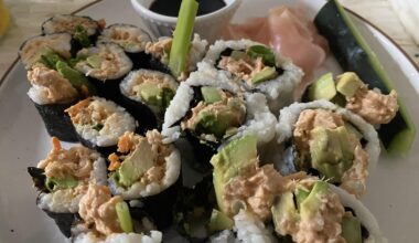 Homemade sushi with spicy cooked tuna