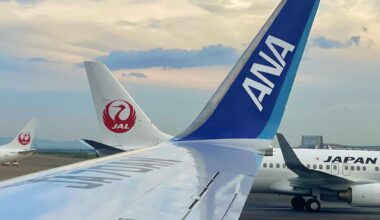 Japan’s two major airlines cross paths at Haneda Airport.