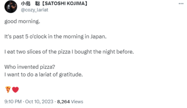 Kojima shares his thoughts on the joys of second-day pizza