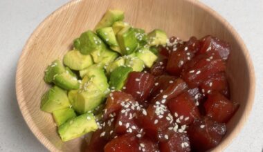 Local store had $4.99 tuna filets and I had a ripe avocado at home. The result was my first attempt at poke.