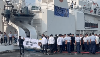 Japanese Prime Minister Fumio Kishida on board the multipurpose response ship BRP Teresa Magbanua, which is made in Japan during his visit in the Philippines.