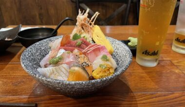 Deluxe Chirashi Bowl, with Asahi Beer and Saba Nigiri and Ikura Nigiri from Yoji Sushi House, San Francisco!