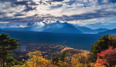 Autumn's Tapestry with an Azure Canopy over Distant Peaks