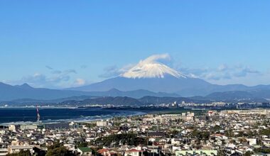 Snow-capped Fuji from the mountains above Enoshima.
