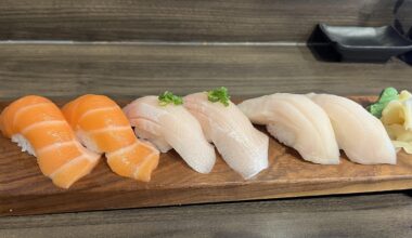 Salmon, hamachi, and escolar nigiri