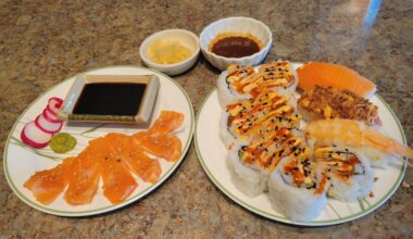 first time making sushi, or is the left one sashimi? I dunno but I ate raw fish today