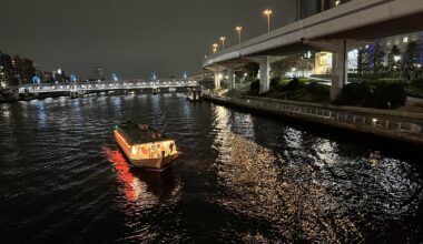 Inspired by the post by u/pix4japan. Yakatabune boat at the Sumida River. This picture was taken on march 17 this year from the Azumabashi Bridge