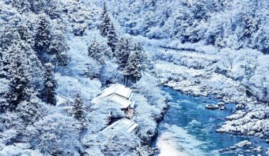 Snowy view of Arashiyama, Kyoto, from Kameyama Park Observatory