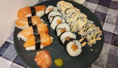 First try at making sushi. Not the prettiest, but I'm happy about it