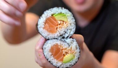 Salmon, spicy crab, and avocado sushi burrito