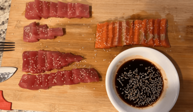 Homemade Ahi Tuna and Alaskan Salmon sashimi with a tiny bit of truffle oil