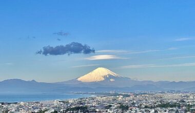 The winter sunshine hits the top of Mt. Fuji this morning above Enoshima.