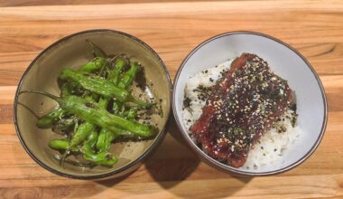 Homemade unadon and blistered shishito peppers.