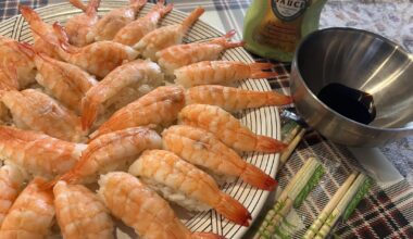 I got frozen packaged ebi shrimp at Osaka marketplace in Fremont California, I made sushi rice with vinegar/sugar. Mixed soy sauce/wasabi and put some under the shrimp. DIY ebi sushi at home.