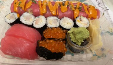 Some sushi for a cold Lent Friday, Lady in Red Roll, Saba maki, Ikura nigiri, maguro nigiri… from See You Sushi, San Francisco, California