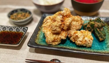 Homemade karaage, with okra no goma ae, beet and soymilk soup with tofu, natto and rice