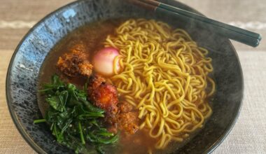 Miso ramen with karaage, spinach and boiled egg