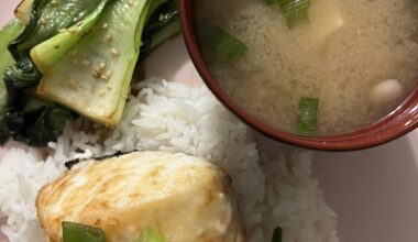 Miso glazed halibut with soy sesame bok choy and mushroom & tofu soup