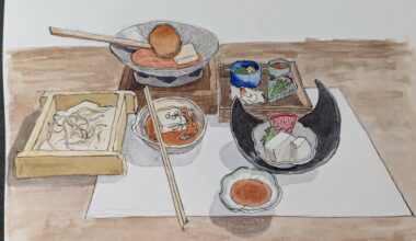 I painted a soba lunch set I had in Japan, watercolor & ink.