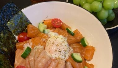 Homemade salmon and sweet shrimp rice bowl