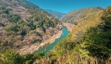 Looking at the river below from one of the peaks of Arashiyama Mountain