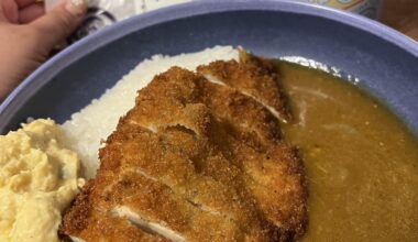 Homemade chicken katsu curry with potato salad. Rice is from a restaurant in Kyoto that gave us a bag during our meal