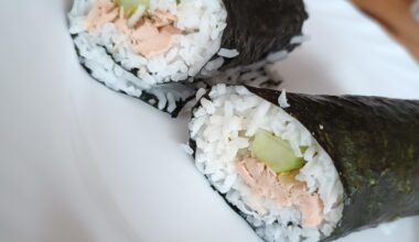 Sushi wrap from Basmati rice and cooked salmon + cucumber. (Was hungry)