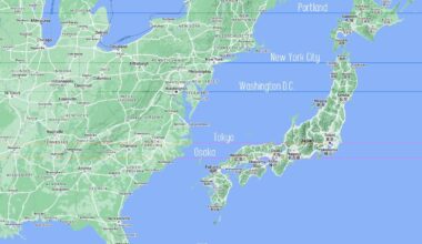 I thought it would be interesting to compare Japan to the East coast USA in scale, and latitude position of famous cities.