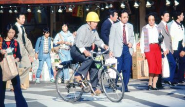 People and cars on the streets of Tokyo in 1980. Slide collection of an American tourist