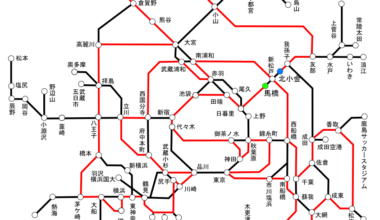 The longest non-crossing train detour you can do for the least amount of money is going from Mabashi to Kita-Kogane, traveling 1035.4 km for 150 yen along the red path