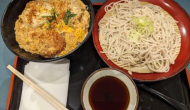 Hearty breaded pork tenderloin & egg rice bowl set with cold soba at Komoro Soba in Tokyo