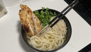 Udon with leftover breaded pork, mustard sprouts, enoki, chicken shio tare, dashi