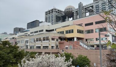 Sakura season with the Fuji TV building in the background, Odaiba