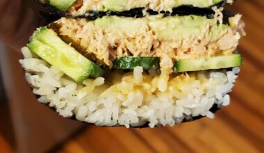 Onigirazu (sushi sandwich) Spicy tuna, cucumber and avocado slices. [Homemade]