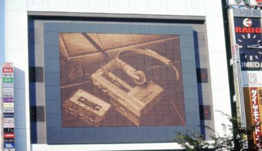 Giant advertising TV screen in Tokyo, 1980. Slide collection of an American tourist