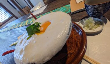 A pot of soba with an egg on top